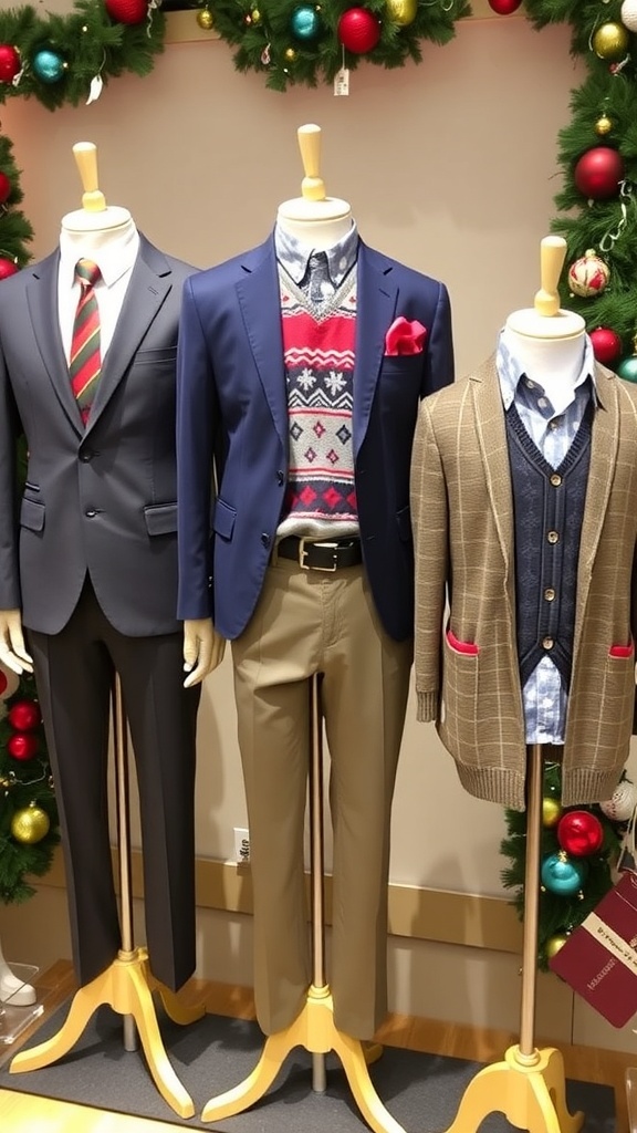 Stylish Christmas party outfits for boys displayed on mannequins with holiday decorations.